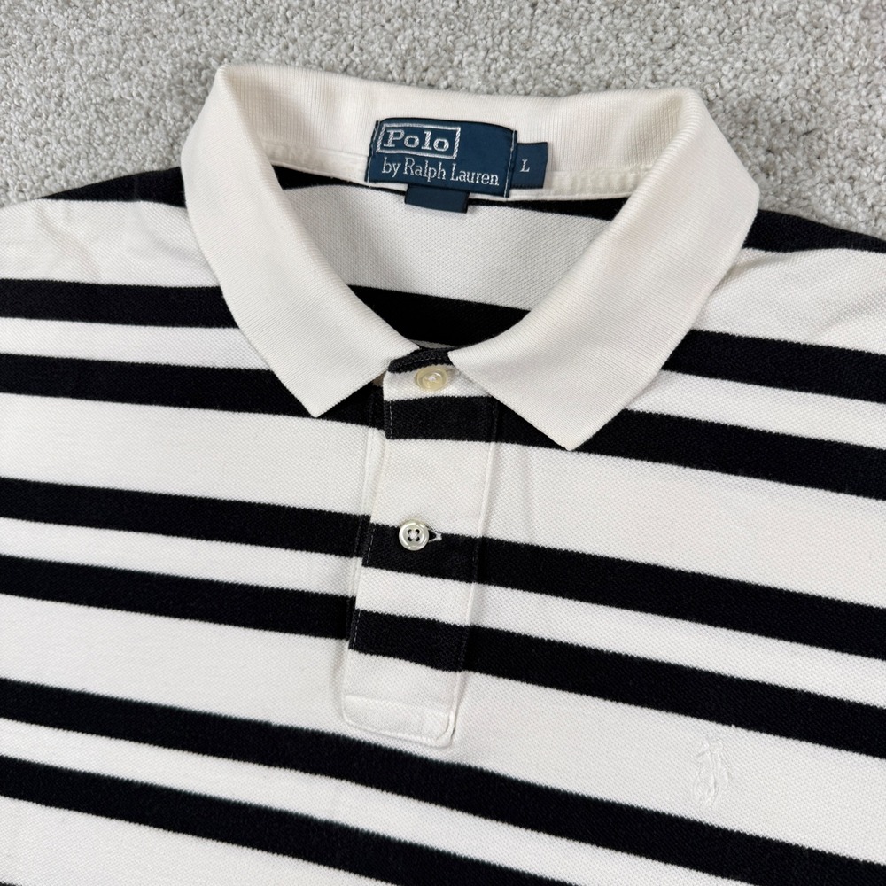 Polo Ralph Lauren Polo Shirt Mens L White Black Striped Short Sleeve Pique